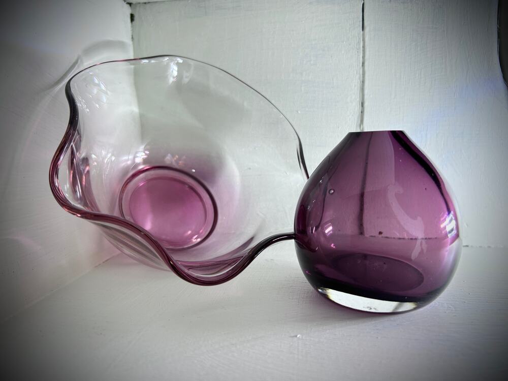 Amethyst Purple Glass Set - Ombre Bowl & Hand Blown Teardrop Mini Vase, MCM